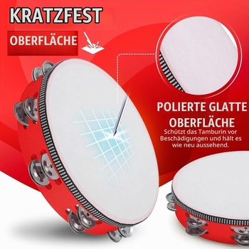 Červená tamburína z dreva Flexzion 26,7 cm