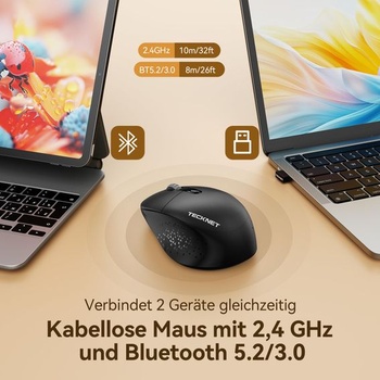 Bezdrôtová myš TECKNET Bluetooth, 2,4G tichá dobíjacia myš, čierna
