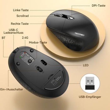 Bezdrôtová myš TECKNET Bluetooth, 2,4G tichá dobíjacia myš, čierna
