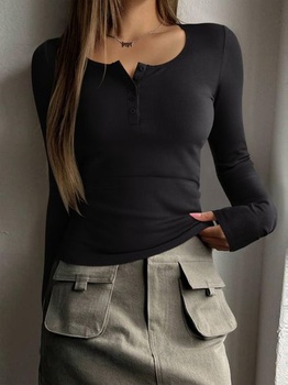 Dámske tričko REORIA s dlhým rukávom, henley, gombíky, rebrovaným vzorom, slim fit, blúzka,