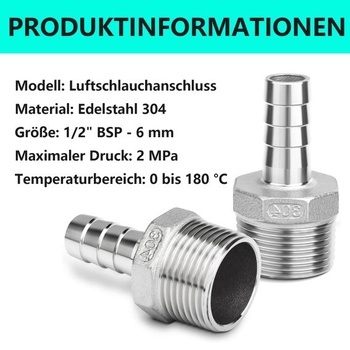 2 kusy redukčních adaptérů z nerezové oceli s hadicovým nástavcem, z 6 mm nástavce na 1/2
