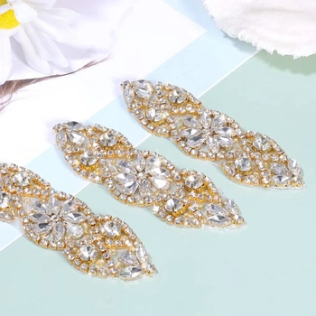 SAVITA Sada 3 aplikací s kamínky, nažehlovací nášivky s kamínky 9,5 x 3 cm, třpytivá aplikace s