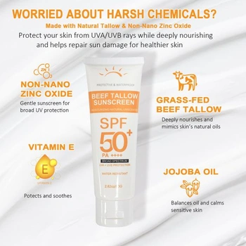 Opalovací krém na obličej s hovězím lojem SPF 50 s oxidem zinečnatým, minerální opalovací krém -