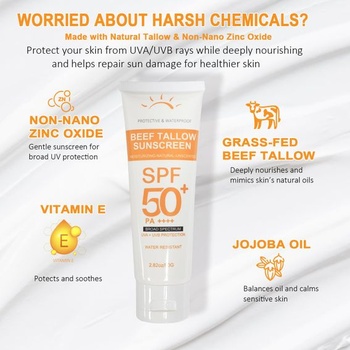 Opaľovací krém na tvár s hovädzím lojom SPF 50 s oxidom zinočnatým, minerálny opaľovací krém -
