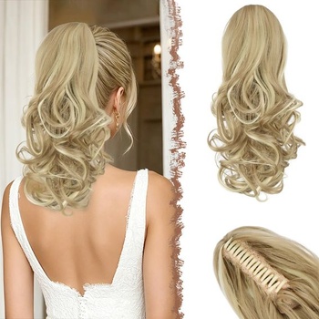 FESHFEN Zapletený cop s klipom, 35 cm, špinavo blond, vlnité kučeravé predĺženie vlasov,