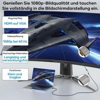 Adaptér HDMI na VGA, adaptér HDMI samice na VGA samec, nylonový opletený jednosměrný adaptér HDMI z