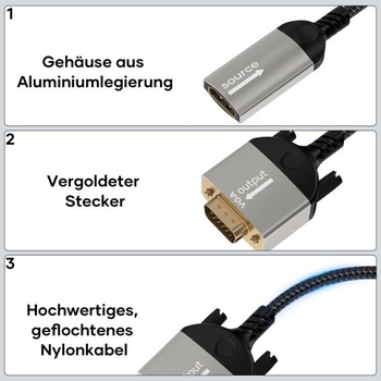 Adaptér HDMI na VGA, adaptér HDMI samice na VGA samec, nylonový opletený jednosměrný adaptér HDMI z