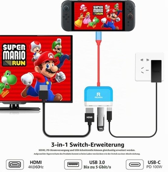 RREAKA 3-v-1 Náhradná dokovacia stanica pre Nintendo Switch 1 a 2, modrá a červená