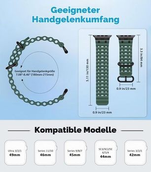 Vylepšený remienok Ocean Band, kompatibilný s Apple Watch 42/44/45/46/49 mm, čierny/zelený,