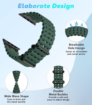 Vylepšený remienok Ocean Band, kompatibilný s Apple Watch 42/44/45/46/49 mm, čierny/zelený,
