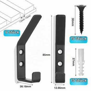 6 háčků na akustické panely, háčky na kabáty 13 mm, černé