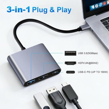 [Certifikace Apple MFi] Víceportový USB-C adaptér s HDTV 4K UHD, 3-v-1 USB-C Hub s USB 3.0 a 100W
