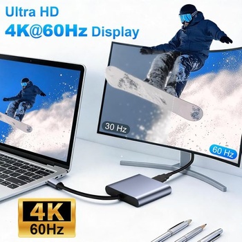 [Certifikace Apple MFi] Víceportový USB-C adaptér s HDTV 4K UHD, 3-v-1 USB-C Hub s USB 3.0 a 100W
