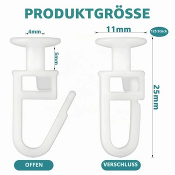 125 kusů háčků na záclony, válečků na záclony s hlavicí 11 mm