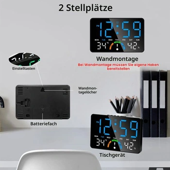 LED digitální nástěnné hodiny, multifunkční digitální budík s datem, dnem v týdnu, teplotou,