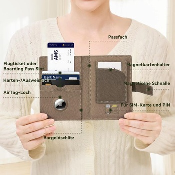 Kožené pouzdro na pas pro muže i ženy s kapsou Airtag, pouzdro na pas s RFID blokováním, šedé