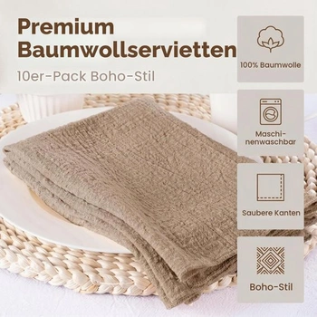 Sada 10 hnědých látkových ubrousků – 100% bavlněné látkové ubrousky, 42x42 cm, ubrousky s imitací