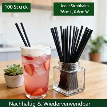 100 černých opakovaně použitelných brček, 26 x 0,6 cm. Vysoce kvalitní brčka z PP materiálu, vhodná