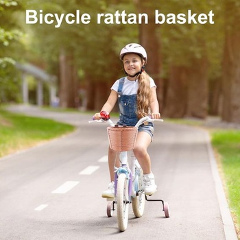 Predný košík na bicykel pre deti, tkaný ratanový košík na bicykel, odnímateľný so zvončekmi a stuhami,