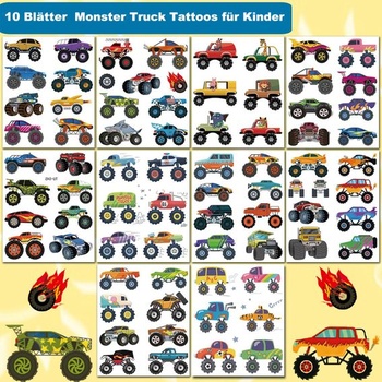Dětské tetování, 10 listů tetování s kreslenými monster trucky pro chlapce, dočasné tetování