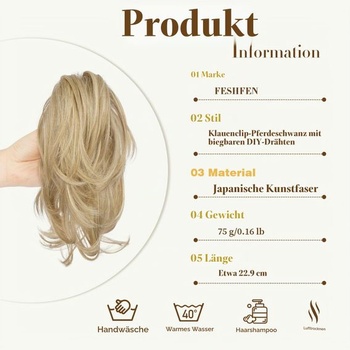 FESHFEN Krátky cop s klipom - Ohybný drôtený DIY drdol Príčesok Culíky Rovný drdol pre DIY