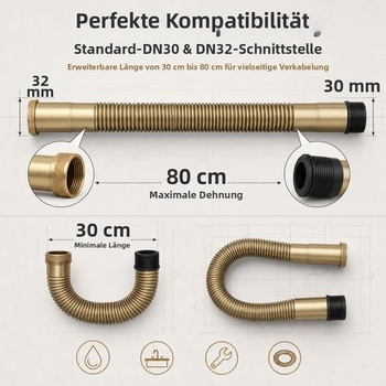 Flexibilná mosadzná odtoková hadica pre štandardné systémy odpadových vôd s konektorom DN30 32 mm pre