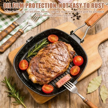 Indukčná grilovacia panvica BYZESTY so skladacou drevenou rukoväťou, liatinová panvica na steaky 24 x 24
