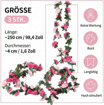 3 x 2,5m umelé girlandy z ruží, 45 kvetov na girlande, dvojito ružová – kvetinová girlanda na