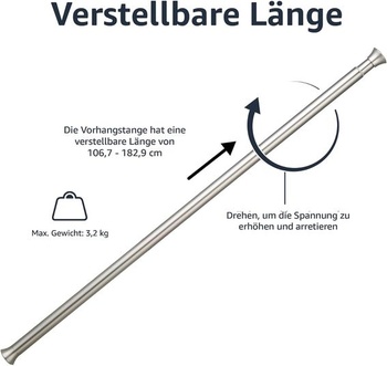 Nastaviteľná napínacia tyč na sprchový záves Amazon Basics, 107 až 185 cm, nikel, vnútorný nikel, 107
