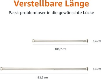 Nastaviteľná napínacia tyč na sprchový záves Amazon Basics, 107 až 185 cm, nikel, vnútorný nikel, 107