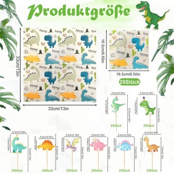 Sada na narozeninovou párty s dinosaury a ozdobami na muffiny a ubrousky
