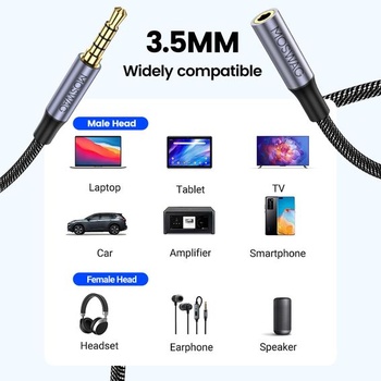 MOSWAG 4-pólový predlžovací audio kábel TRRS 3,5mm jack AUX stereo 1m 3,28 stopy čierny