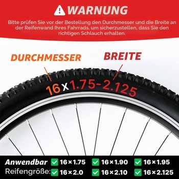 Duša na detské bicykle 16x1,75-2,125, 16-palcová pneumatika s rovným ventilom, duša na bicykel 16x1,75 +