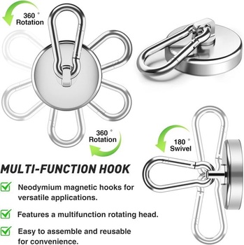 Výkonné magnetické háčiky, 50 kg, 4 kusy, neodymový magnet, super silný, 42 mm, otočný o 360 °, pre