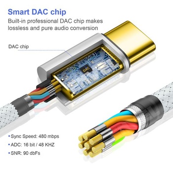 Adaptér pre slúchadlá z USB-C na 3,5 mm jack, balenie 1 ks audio kábla Type-C na AUX, kompatibilný s