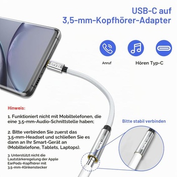 Adaptér pre slúchadlá z USB-C na 3,5 mm jack, balenie 1 ks audio kábla Type-C na AUX, kompatibilný s