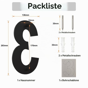 Číslo domu z kartáčovanej modernej nerezovej ocele - výška 203 mm - čierny náter, plávajúci vzhľad
