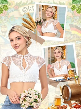 Dámska biela dirndl blúzka s výšivkou, krátky rukáv, elegantná tradičná blúzka s vysokým výstrihom