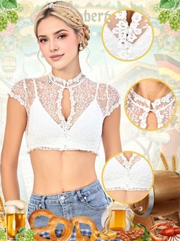 Dámska biela dirndl blúzka s výšivkou, krátky rukáv, elegantná tradičná blúzka s vysokým výstrihom