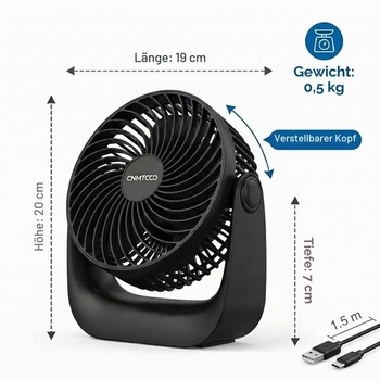 CNMTCCO USB stolný ventilátor, tichý, 6palcový ventilátor s 3 rýchlosťami a 360 ° rotáciou, silný mini