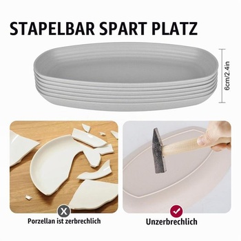 Sada 6 plastových jedálenských tanierov, oválny tvar 29,5 cm, nerozbitné, opakovane použiteľné plastové