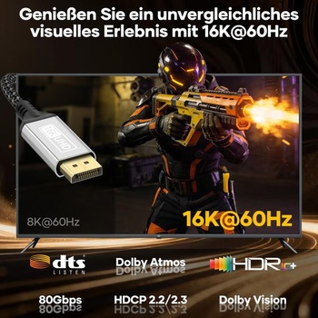 16K Displayport kábel 2.1,3M DP kábel, DP kábel 80Gbps 3 metre