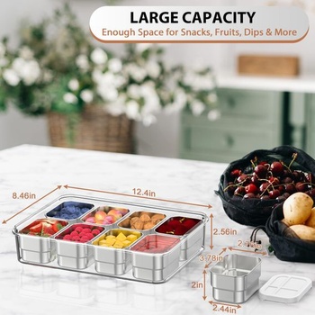 Úložný box Snackle Box, 8 priehradková krabička na potraviny z nerezovej ocele so silikónovým vekom,