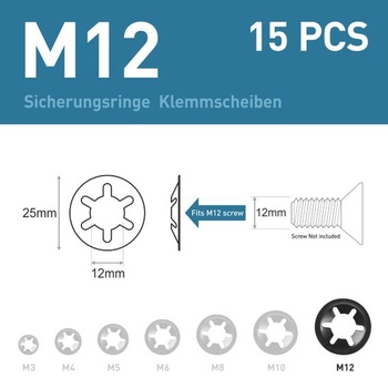 15 kusov podložiek M12, čierne poistné krúžky, upínacie krúžky, upínacie podložky, vnútorné ozubené