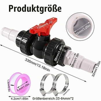 Guľový ventil 50 mm s hadicovou spojkou - Sada uzatváracích ventilov z PVC pre bazén | Obsahuje 1