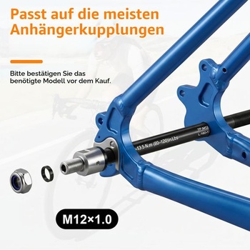 Adaptér pre príves na bicykel M12x1.0 s priechodnou osou, čierny