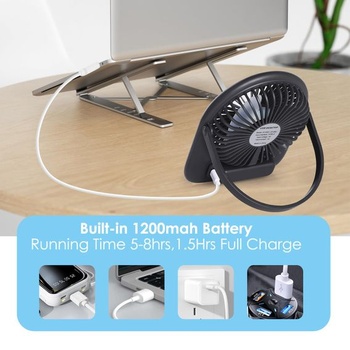 USB ventilátor, 1200 mAh mini USB stolní ventilátor s LED světlem