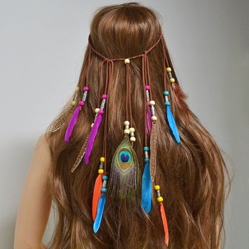 Boho čelenka z peří s korálky a střapci, hippie boho indické vlasové doplňky pro ženy a dívky,