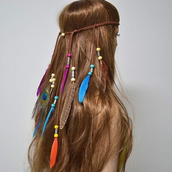 Boho čelenka z peří s korálky a střapci, hippie boho indické vlasové doplňky pro ženy a dívky,