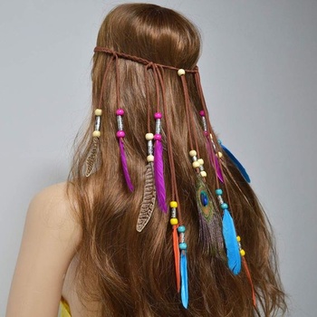 Boho čelenka z peria s korálkami a strapcami, hippie boho indické vlasové doplnky pre ženy a dievčatá,